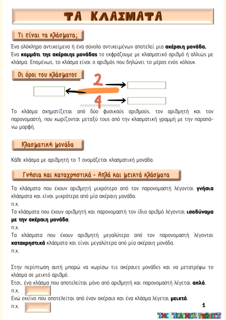 θεωρία για τα κλάσματα στο Δημοτικό ισοδύναμα γνήσια και καταχρηστικά απλά και μεικτοί αριθμοί